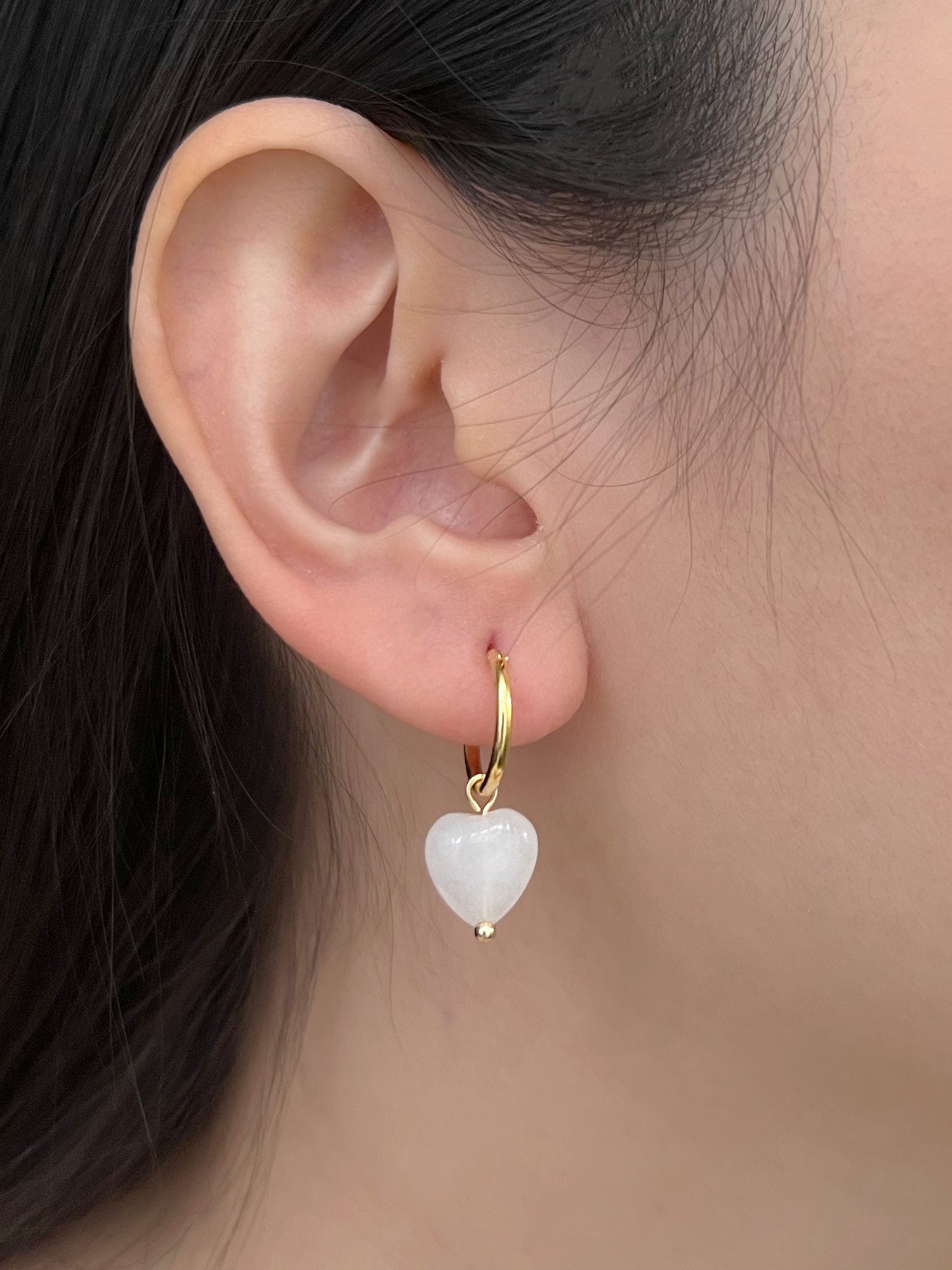 White Jade Heart Hoop Earrings