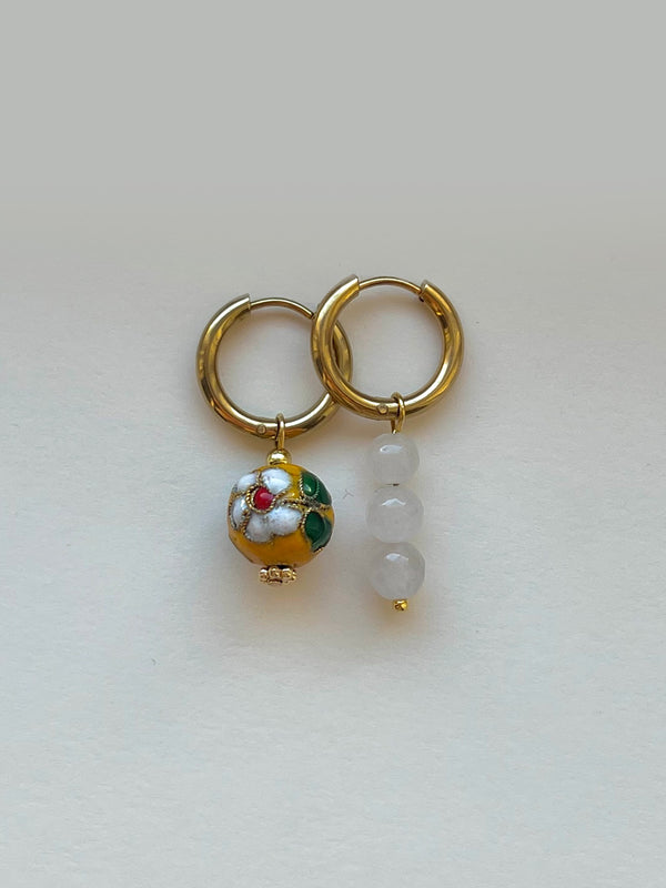 Flower Cloisonne & Little Stone Mismatched Hoops - Yellow