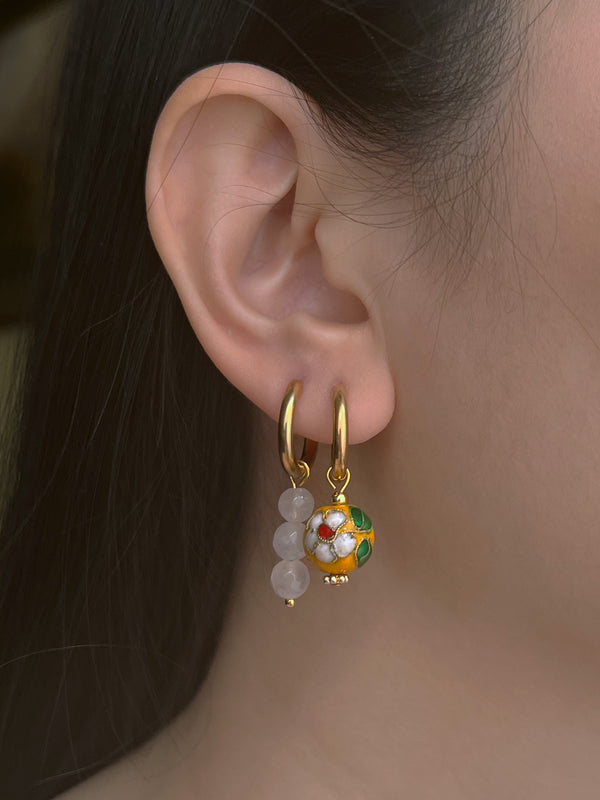 Flower Cloisonne & Little Stone Mismatched Hoops - Yellow